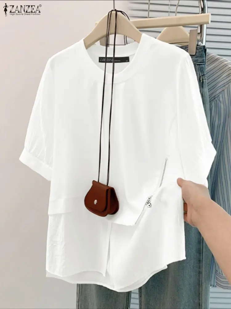 Stilvolle Sommer Bluse 2025, ZANZEA Frauen Patchwork Tops Casual O Hals Kurzarm Blusas Mode Arbeit Hemd Mujer Weibliche Chemise