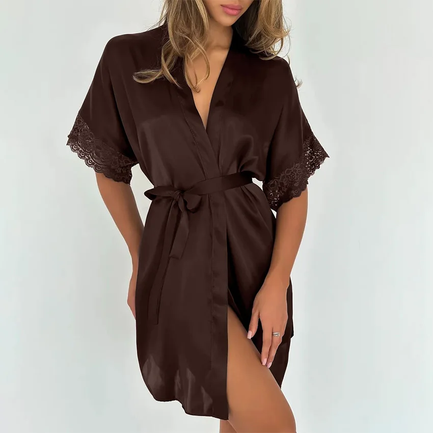 

Hiloc Home Brown Satin Wrap Robe Elegant High Waist Lace Robe For Women Casual Short Sleeve Sleepwear A Line Dress Women 2025