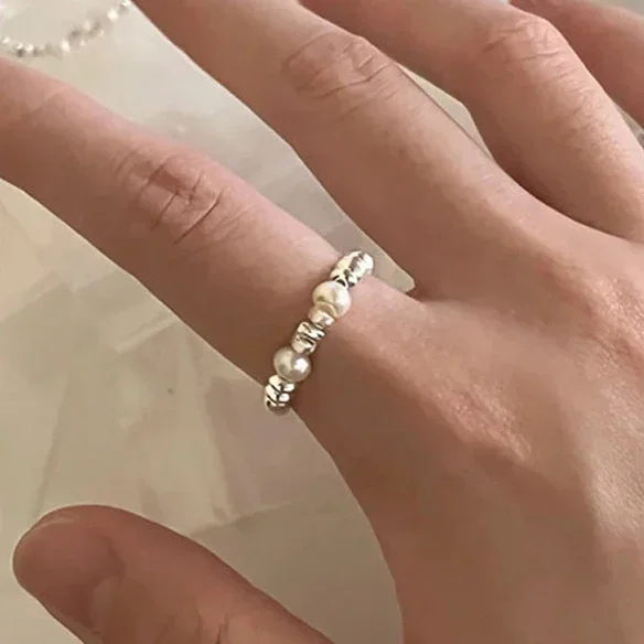 Anillos redondos de perlas de agua dulce Plata de Ley 925 auténtica para mujer, joyería fina ajustable a la moda, accesorios minimalistas