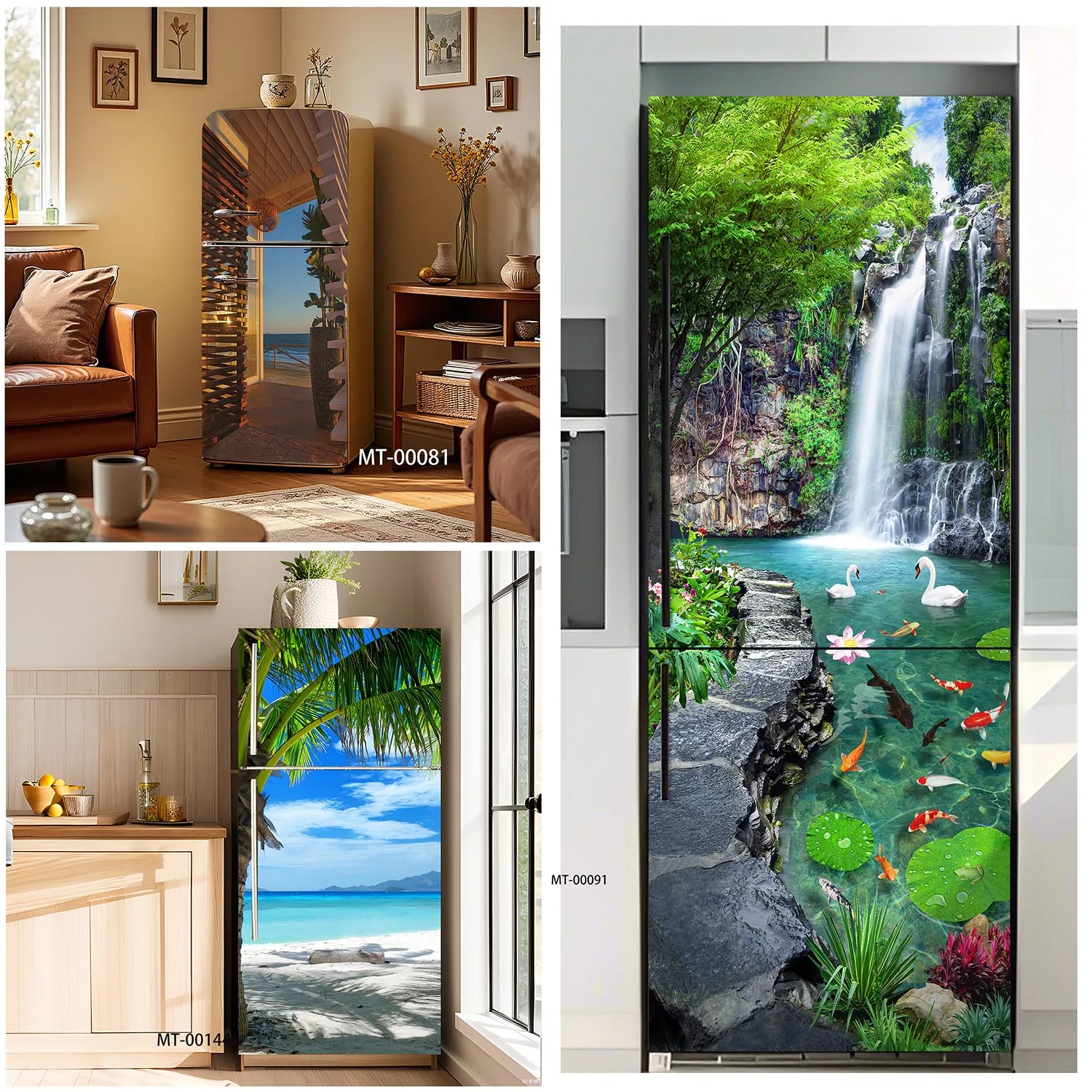 Vinilo Adhesivo para Refrigerador con Diseño de Cascada Tropical y Pecera de Koi, Vinilo Removible y Duradero para Puerta de Refrigerador de Tamaño Completo, Adhesivo para Refrigerador de Cocina