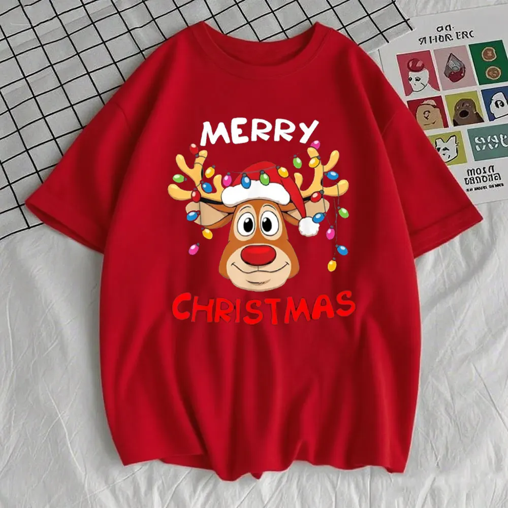 Merry Christmas Reindeer Xmas Family Women T-Shirt Thanksgiving Day Fashion Streetwear O-neck Short-sleeve Cotton Tops