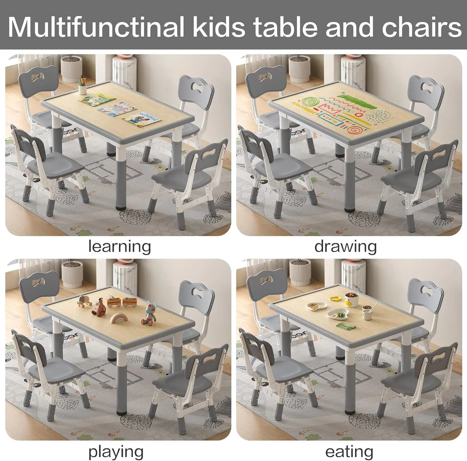 Kids Table and Chairs Height Adjustable, Toddler Table and Chairs, 31.5''L x 23.6''W Graffiti Table with 4 Chairs, for Reading