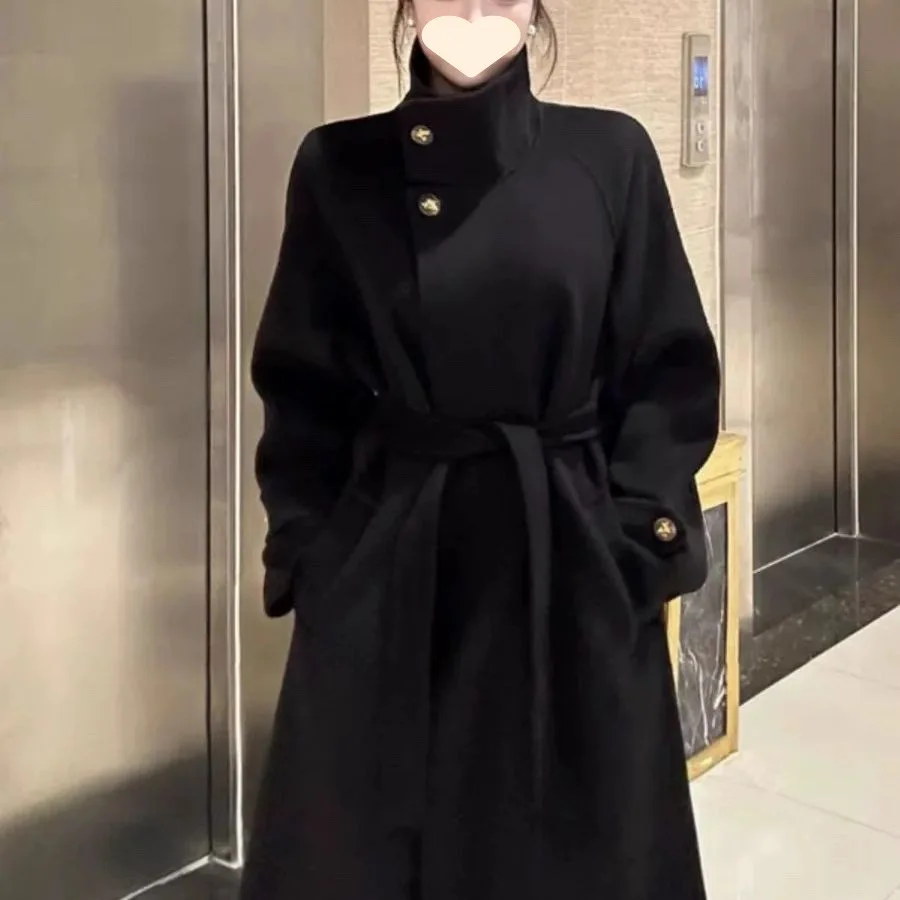 

Black Double-sided Woolen Coat for Women 2025 New Autumn and Winter Hepburn Style Temperament Slimming Woolen Coat