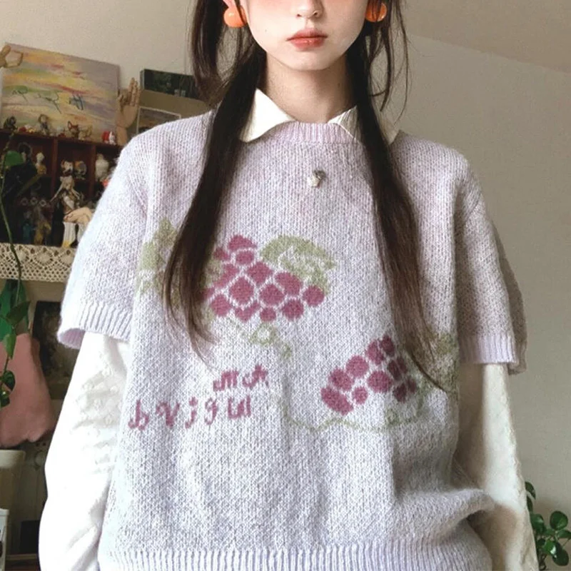 Lilac Grape Print Knitwear Short Sleeve Top Vest Sweater Women Y2K 2000s Oversized Cotton Blend Knitted Bottoming Pullovers