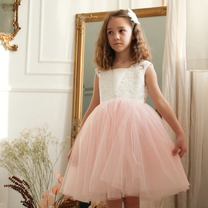 White Pink Flower Girl Dresses Tulle Puffy Appliques With Bow Sleeveless For Wedding Birthday Party First Communion Gowns