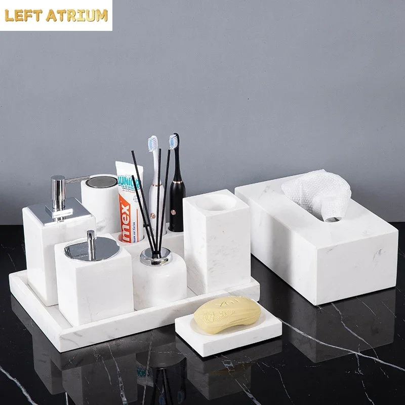 Volakos White Natural Marble Bathroom Accessories Minimalism Soap Dispenser Toothbrush Holder Tissue Box Bathroom Set