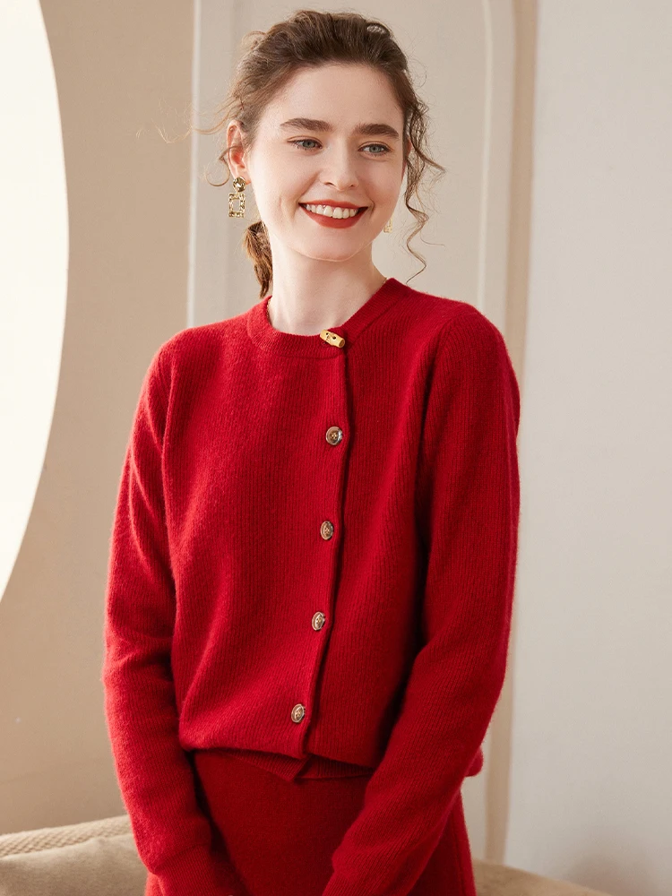 Ladies 100%Cashmere Cardigan O-Neck New Large Size Coat Knit Base Shirts Winter Spring Wild Thick Wool Sweater Women Jacket