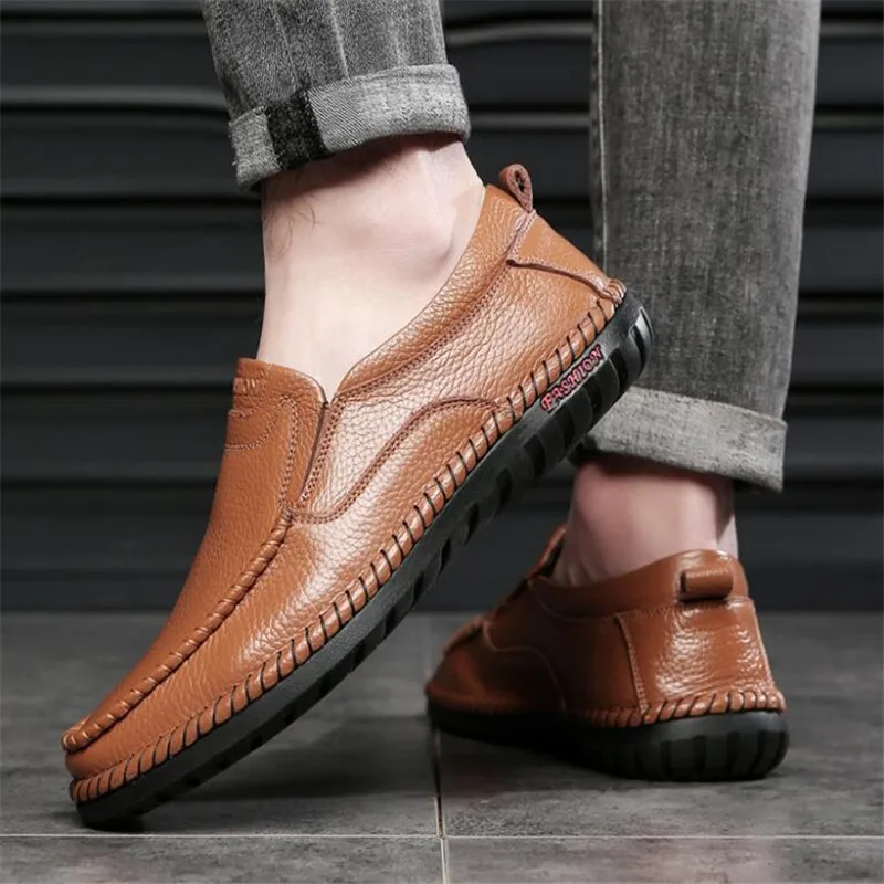Business Genuine Leather Men Shoes Summer Slip on Loafers Breathable Men Casual Leather Shoes Black Flats Driving Shoe Moccasins