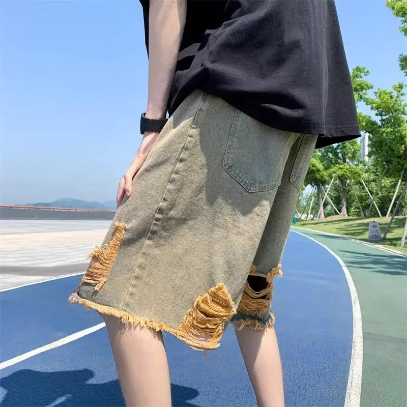 Pantaloncini di jeans da uomo larghi Pantaloni jeans corti da uomo Bermuda semi larghi strappati con tasche Cowboy lungo allentato Novità in Rude Emo Cut Xl