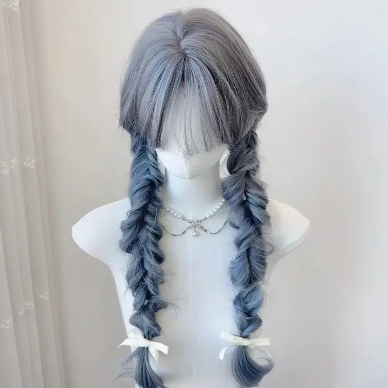 Peluca de Cosplay para mujer, cabeza completa, pelo largo, sensación de frío, neblina, azul, púrpura, pelo largo, flequillo de aire, belleza Natural, peluca de pelo Artificial