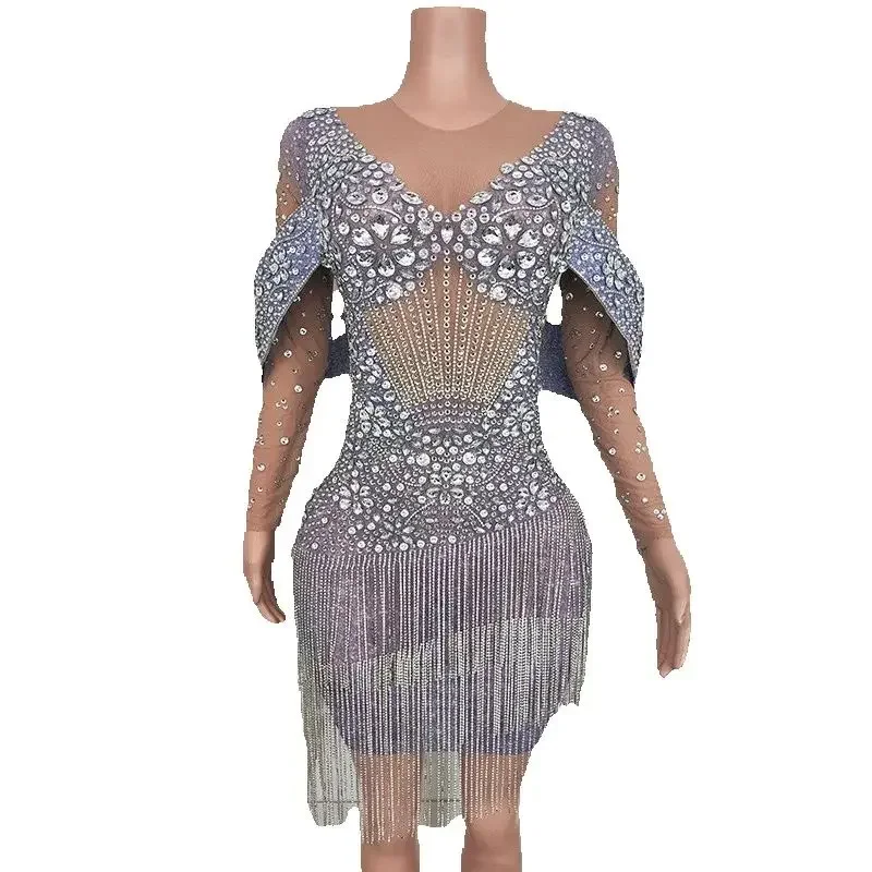 Vestido de fiesta brillante con diamantes de imitación para mujer, vestido de cantante con flecos, disfraz de Jazz, traje de Festival, Bar, Dj, Ds, ropa para discoteca