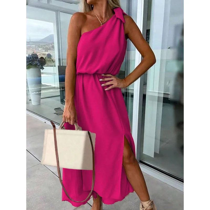 

YQ1-INSNew Sexy Hot Girl Slanted Shoulder Collar Waist Elastic Slimming Vacation Dress