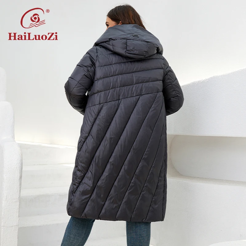 HaiLuoZi 2022 Winter Women\'s Jackets Long Oversize Windproof Warm Hooded Twill Quilting Thick Outwear Female Parka Women Coat 08