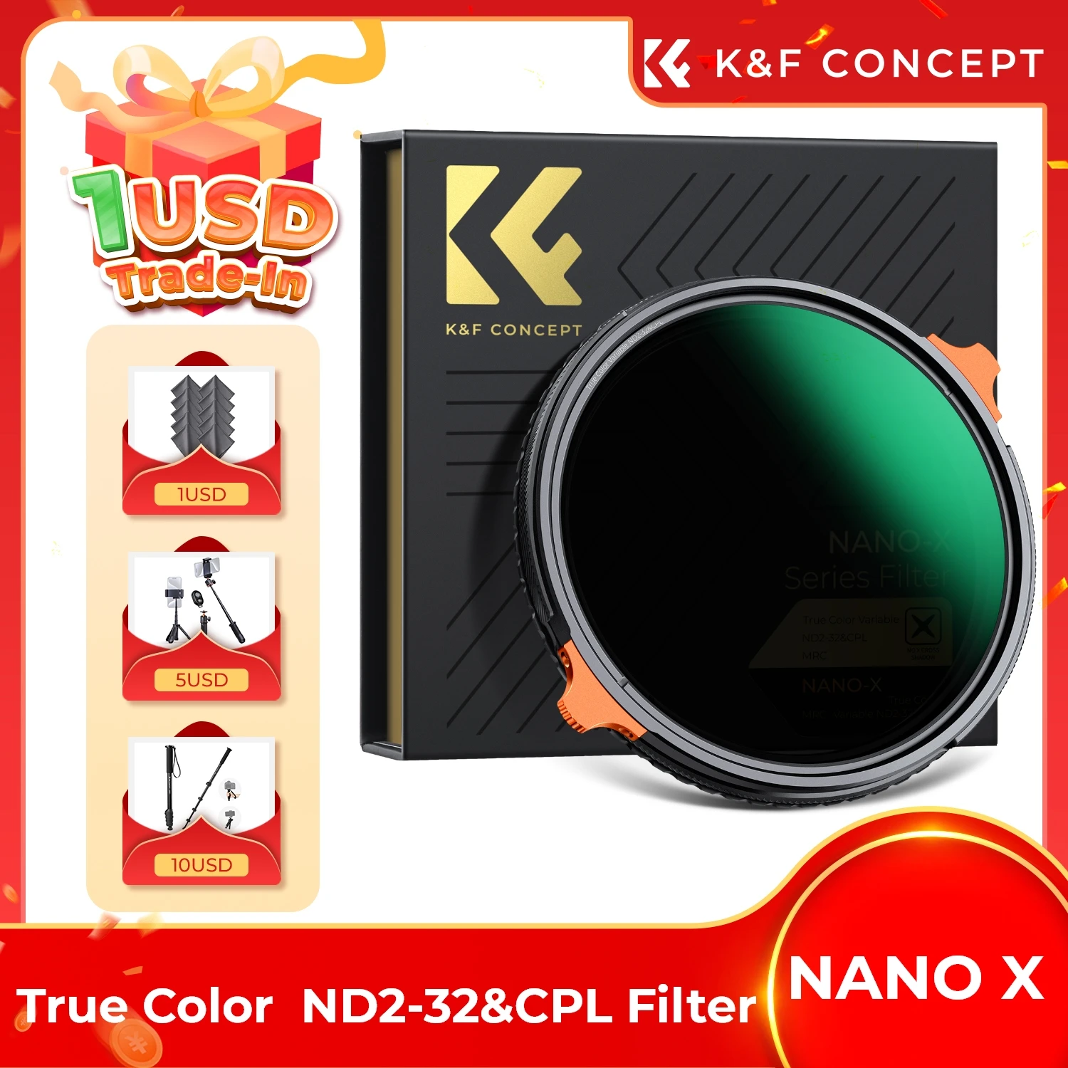 

K&F CONCEPT 49mm-82mm True Color ND2-32 with CPL Filter 2 in 1 VND Variable Circular Polarizing Lenses Filters for Camera Nano-X