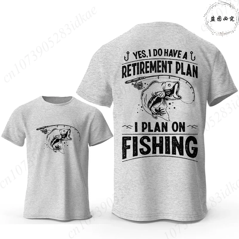 Retirement Plan Fishing Graphic Tee for Men, Double Sided Fish Printed Short Sleeve T-shirts, Soft Breathable Summer Y2k Tops
