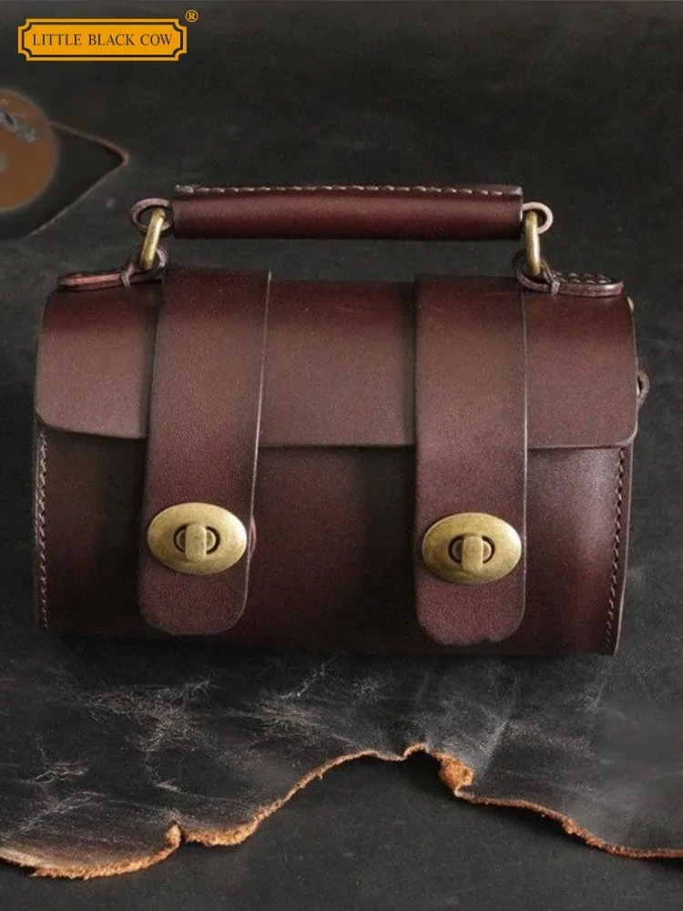 

Female Versatile Crossbody Bag Womens Genuine Leather Buckle Barrel Bags Cowhide Retro Tote Handbag Fashion Single Shoulder Bag