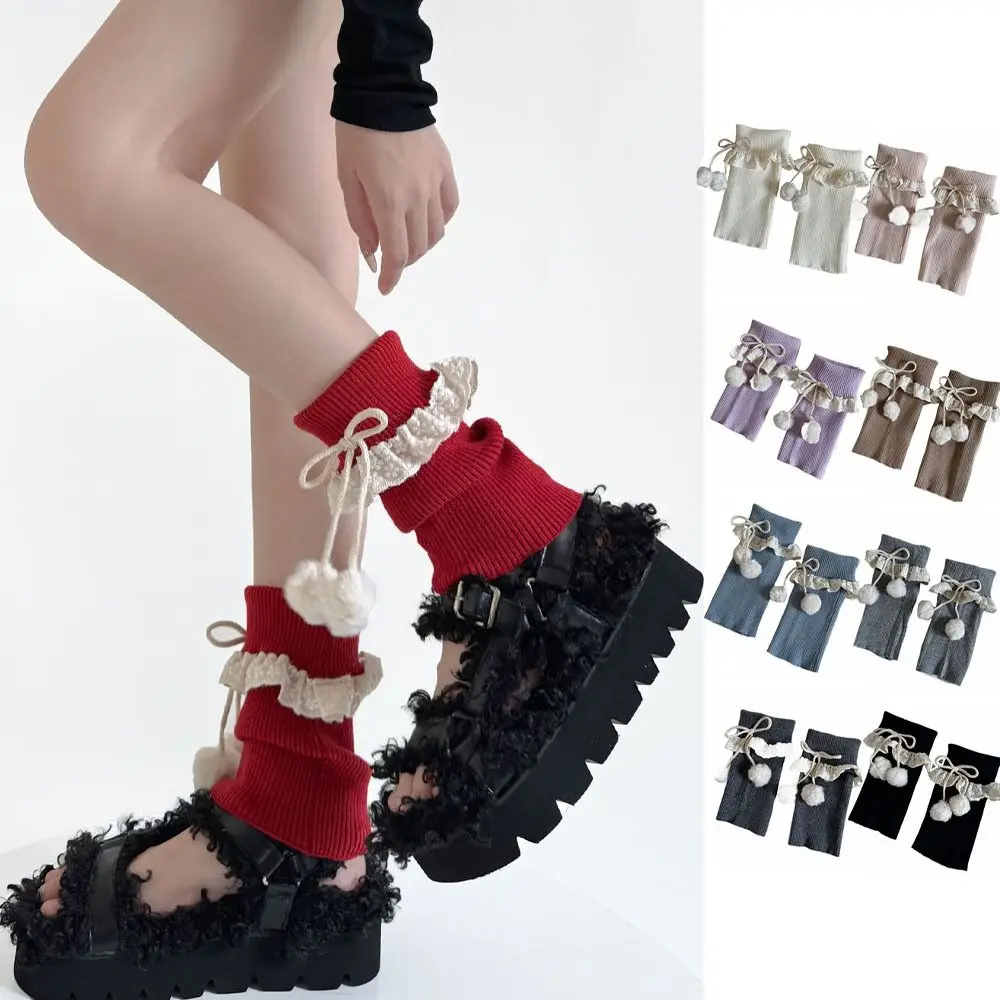 Hosiery Y2K Knitted Leg Warmer JK Lolita Plush Balls Winter Leg Cover All Match Pile Up Socks Leg Warmers Women Winter Fall