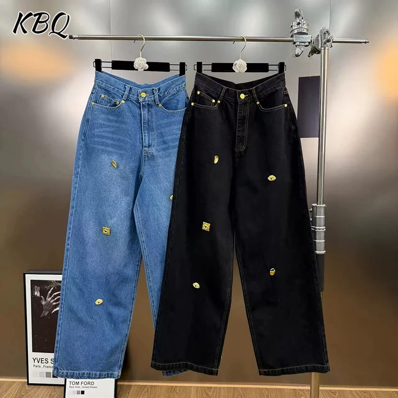 KBQ pantaloni causali larghi con diamanti impiombati solidi per donna a vita alta versatili jeans a gamba larga moda femminile stile invernale