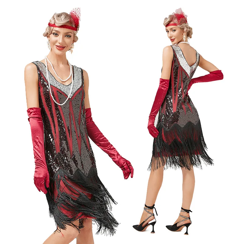 European and American retro 1920V neck double layered tassel dress Gatsby cocktail ball sequin studded dress