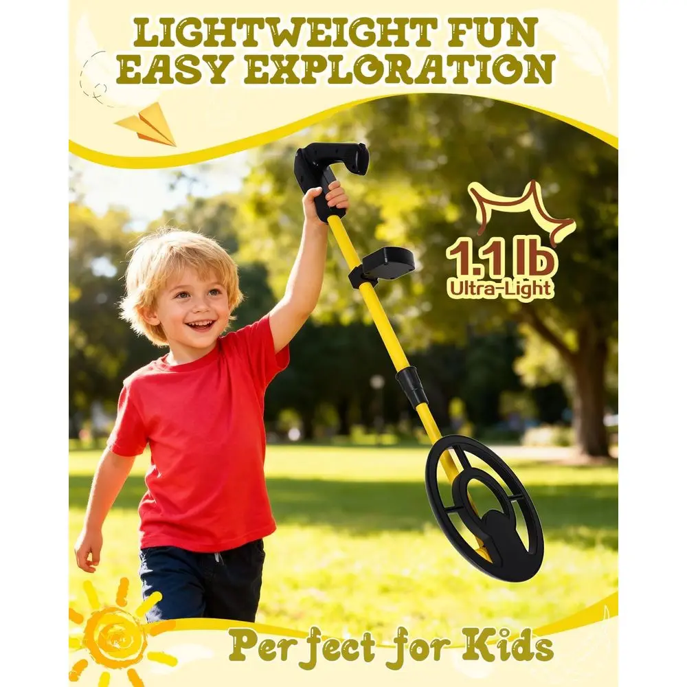 كاشف المعادن للأطفال، ملف بحث 7.4 بوصة مع شاشة LCD، كاشف ذهبي مقاوم للماء، خفيف الوزن 1.1 رطل، قابل للطي من 24 بوصة إلى 35 بوصة