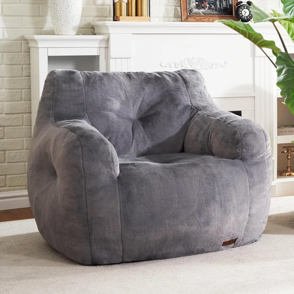 Furry Bean Bag Chair with Arms - Grey Faux Fur, High-Density Foam, Wide Backrest, Portable, Fits Small Spaces, No Assembly