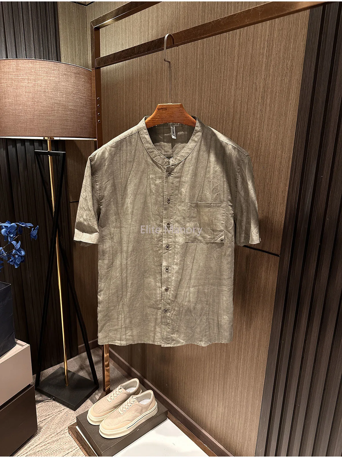 [Ramie breathable, fade away constraints] Summer men's high-end comfortable casual old money wind stand-up collar short-sleeved