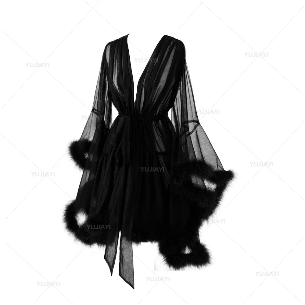 Robe en Fourrure pour Femme, Lingerie à Manches Évasées, Peignoir en Tulle, Plumes d'Autruche Courtes, Robe de Bal de Mariage, Chemise de Nuit, Vêtements de Nuit pour Patients