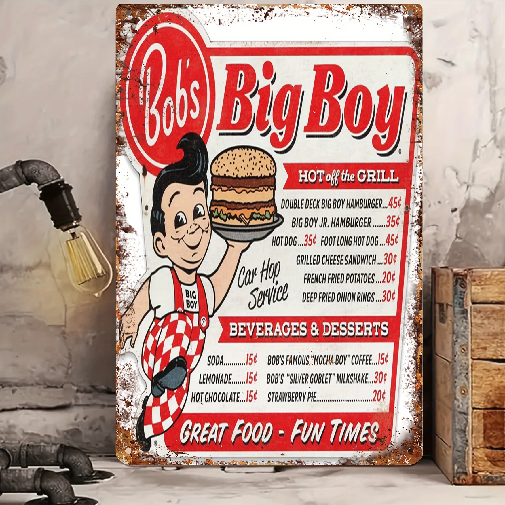 Bob's Big Boy Retro Metal Tin Sign - Vintage Diner Wall Decor with Burger Graphic Heavy-Duty Iron Restaurant Art Red & White De