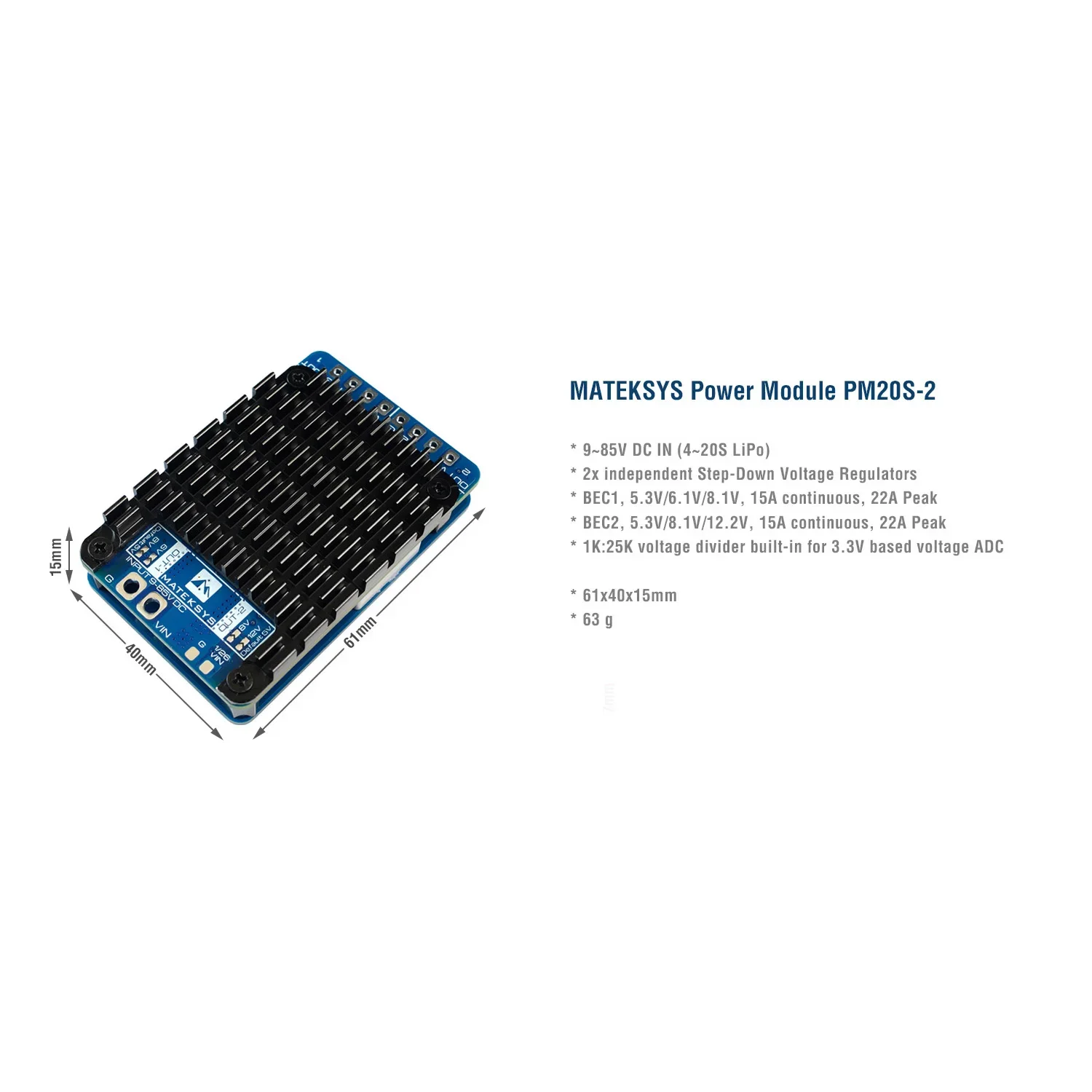 Matek MATEKSYS PM20S-2 POWER MODULE 9-85V DC IN 4-20S 85V TVS protection /2x independent Step-Down Voltage Regulators For RC FPV