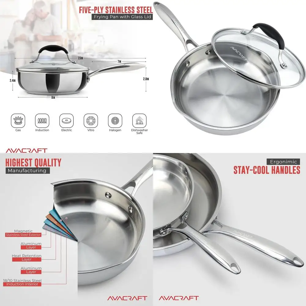 

8-дюймовая сковорода из нержавеющей стали с крышкой, боковыми изливками, индукционная совместима, универсальная сковорода для приготовления пищи