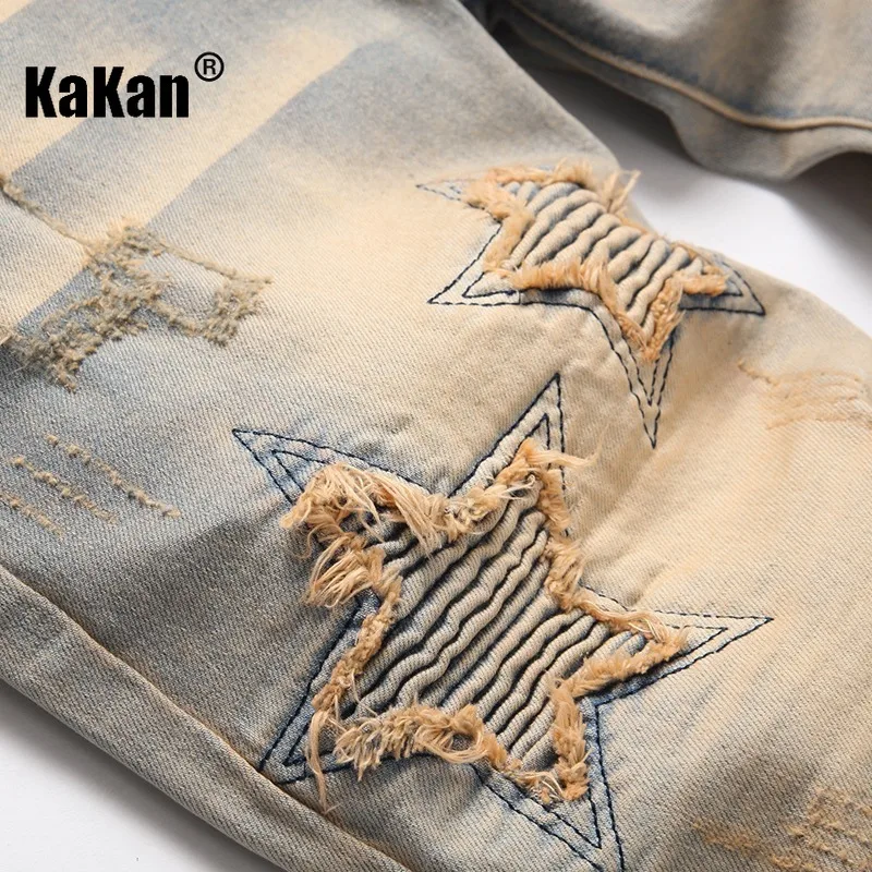 Kakan - European and American Original Personalized Embroidered Denim Jeans for Men, Retro Ruffled Elastic Long Jeans K87-F848