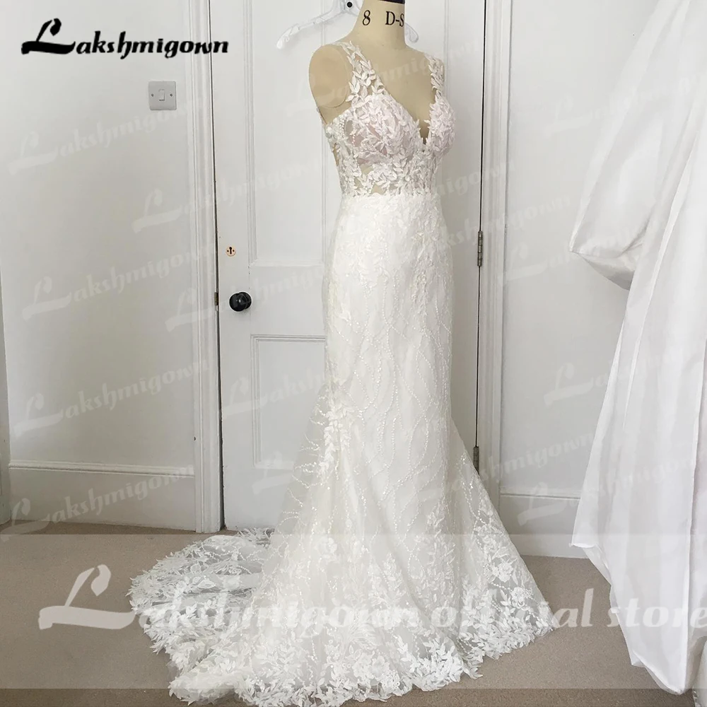 Lakshmigown v pescoço lantejoulas rendas apliques vestido de casamento 2023 boho cintas de espaguete nupcial vestido branco