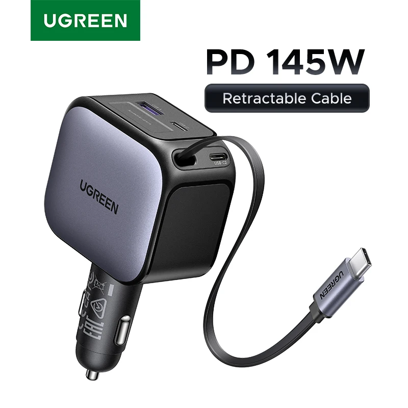 UGREEN USB Type-C Car Charger PD145W 90W 60W Retractable Cable PD SCP AFC PPS Fast Charging For Tablet iPhone Samsung Xiaomi