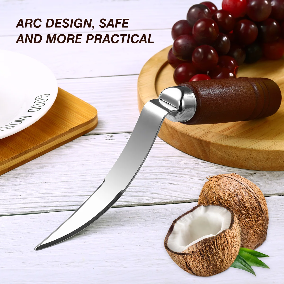 UPKOCH Stainless Steel Coconuts Meat Removal Scraper Wooden Handle Coconut Tool for Kitchen Coconut Meat Remover