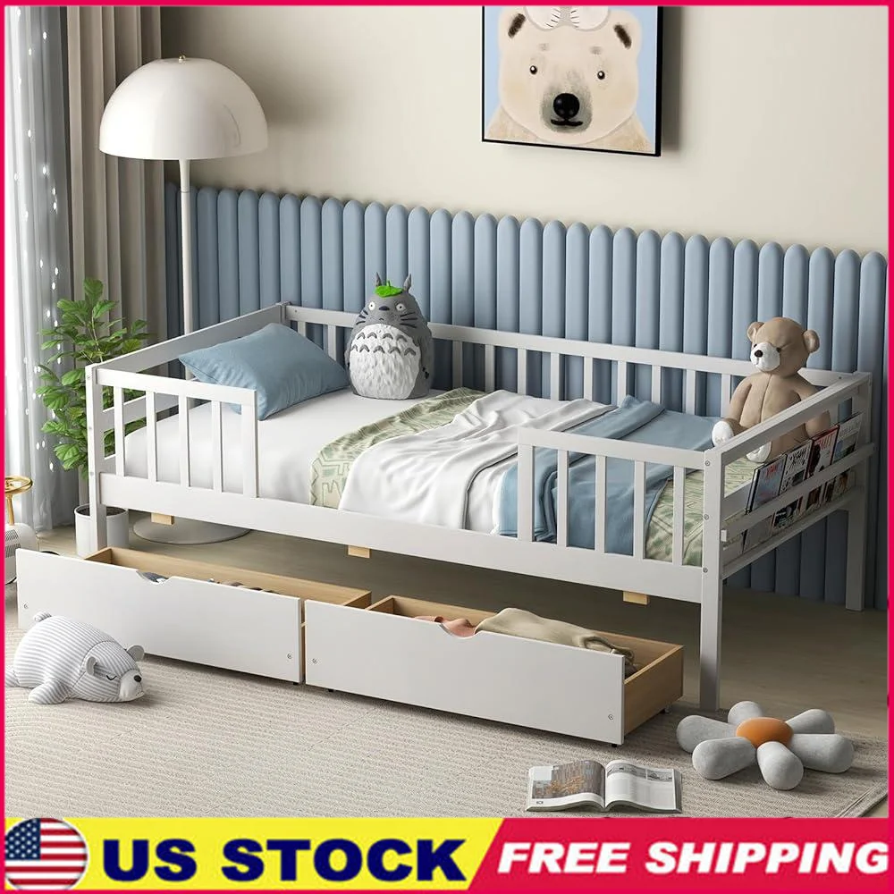 

Wood Twin Kids Bed Frame with Storage Drawers Side Shelf Solid Wood Design Pull-Out Drawers No Box Spring Required Childrens