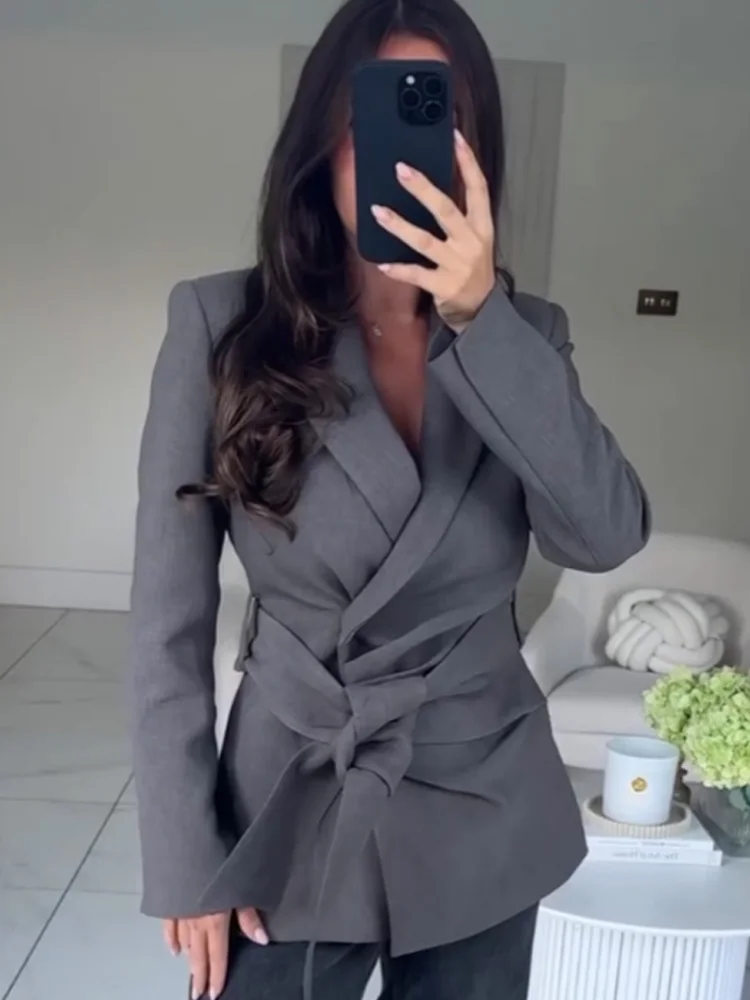 

HH Women Fashion Pants Suit Long Sleeve Lapel Belt Shoulder Pad Solid Blazer Jacket+Zipper Autumn Pockets Loose Bloomers Pants