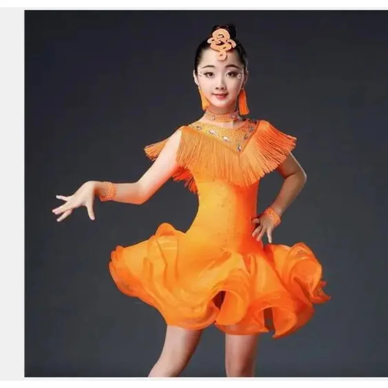 1 pcs/lot children organza tassel Latin dress girl rhinestone Latin Tango Umba samba costume