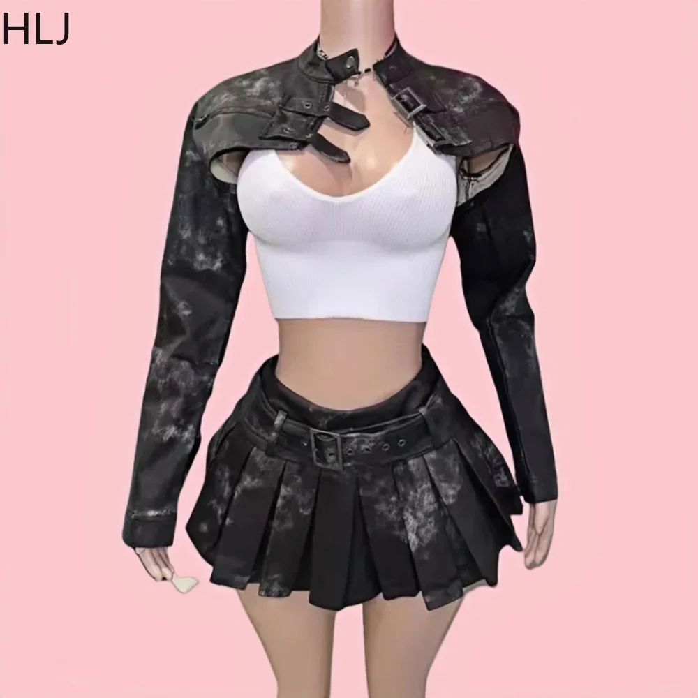 

HLJ&GG Balck Fashion Punk Rock Leather Two Piece Sets Women Button Long Sleeve Crop Jacket+Belt Pleated Skirts Outfit Streetwear