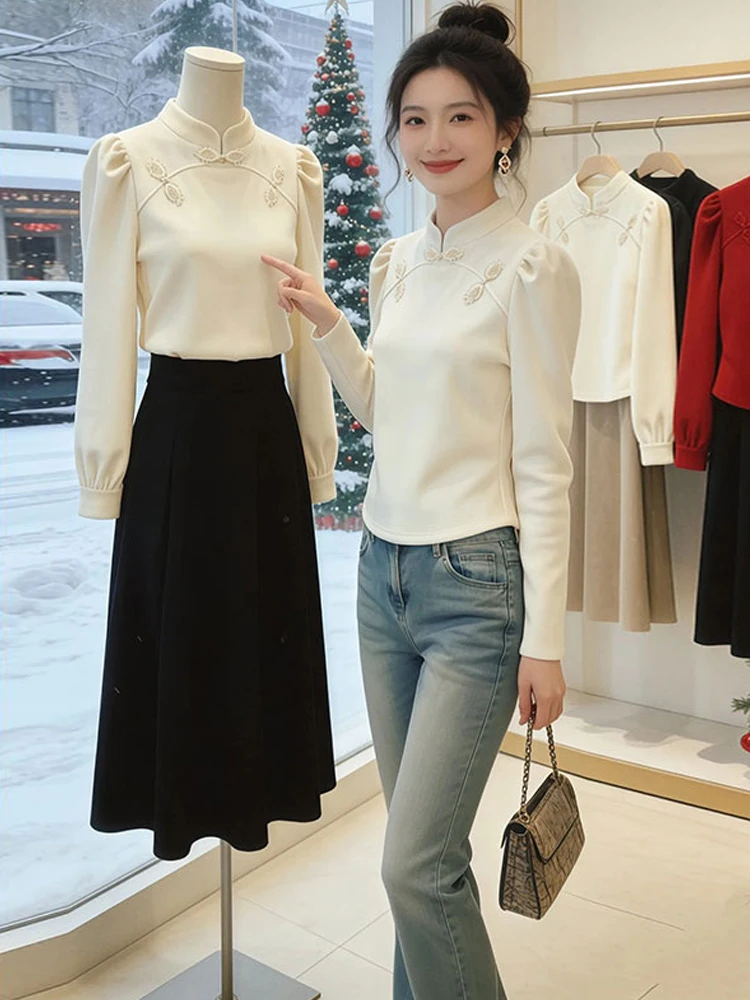 

Elegant Chinese Style Knitted Sweater Women's Autumn Winter New Fashion Bow Tie Waist Slim Fit Top Elegant Chiffon Collar