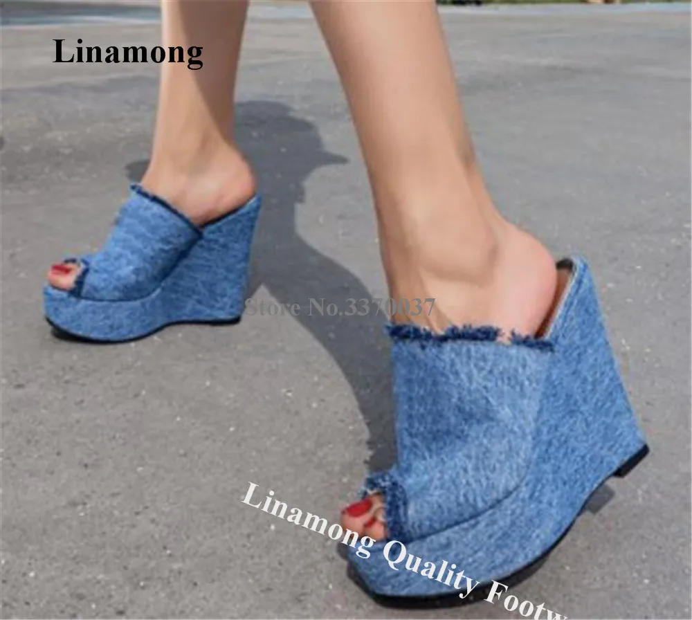 Linamong Blue Denim High Platform Wedge Slippers Sexy Open Toe Fringes Slip-on Wedge Sandals Summer Causal Comfortable Wedges