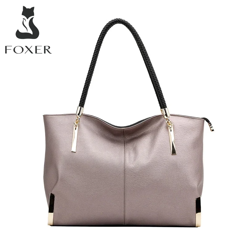 FOXER Brand Stylish Women Cowhide Leather Handbag Female Shoulder Bag Designer Luxury Lady Large Capacity Zipper Top-Handle Bags