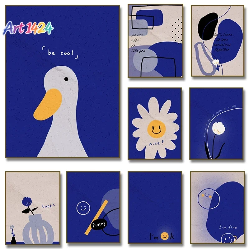 Klein Blue Abstract Line Smiling Face Flower Duck Canvas Painting Posters Wall Art Prints Minimalist Picture Living Room Deco
