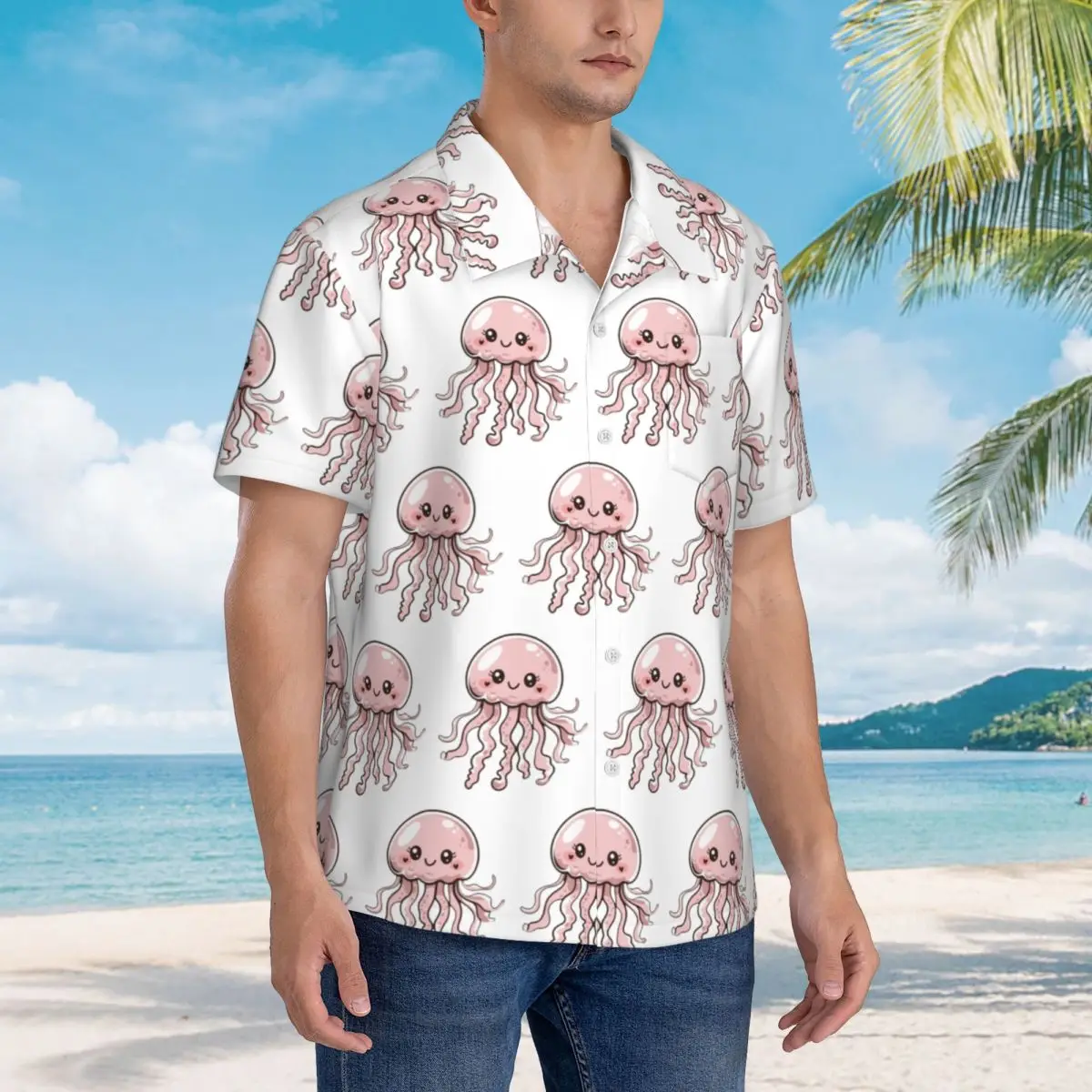 

Cute Jellyfish Kawaii Design Hawaiian Shirts Fashion Men Short Sleeve Shirt for Summer Beach Men's Button Tops