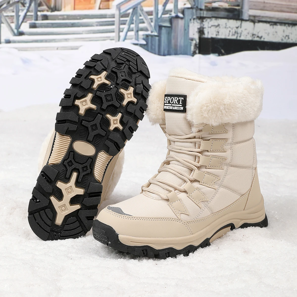 Women Warm Plush Snow Boots Waterproof Winter Hiking Shoes Non Slip Thick Sole Outdoor Footwear Non Slip Outdoor Ankle Boots