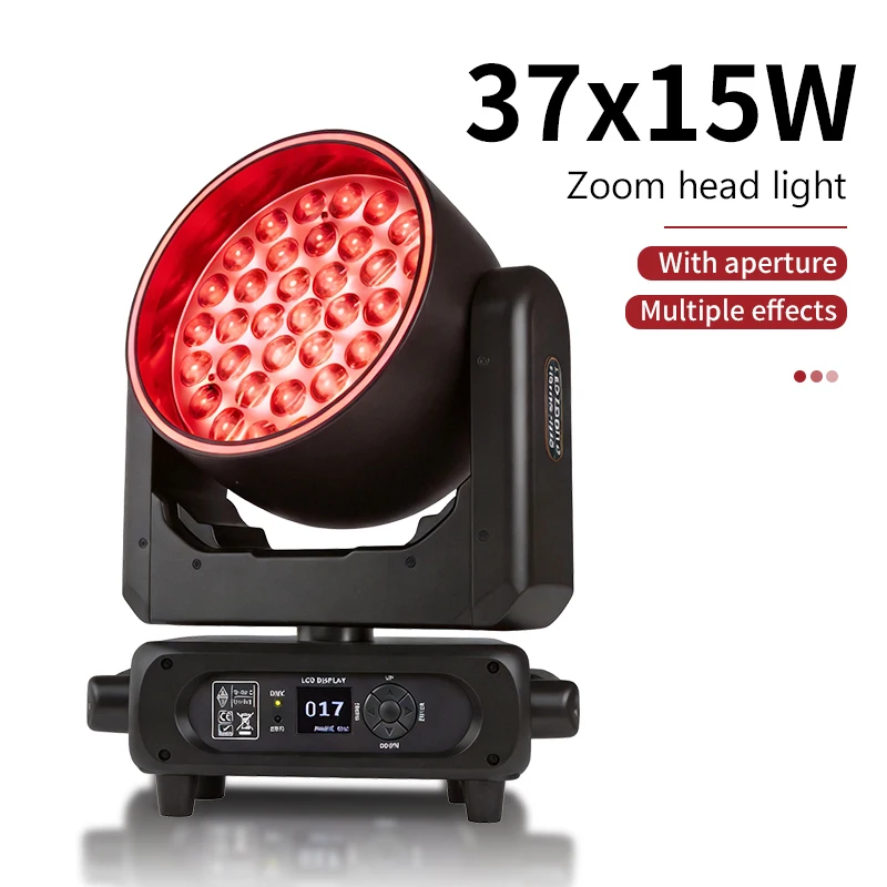37x15W moving head light features pixel control LED DMX with aperture 0-100% dimming 2°-60° focus making it suitable DJ