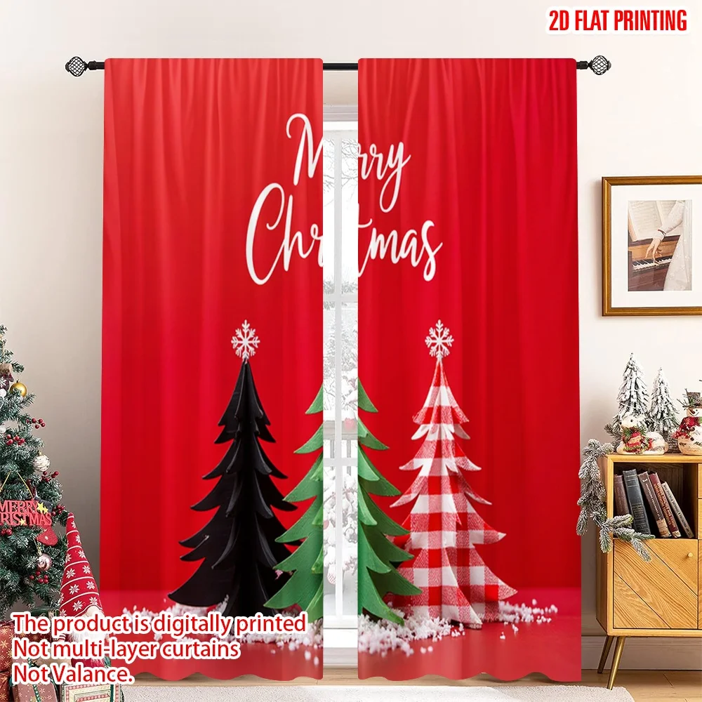 

2pcs 2D flat printing Christmas Curtain Merry Christmas Trees Buffalo Plaid 100% Polyester Without Electricity Party & Holiday