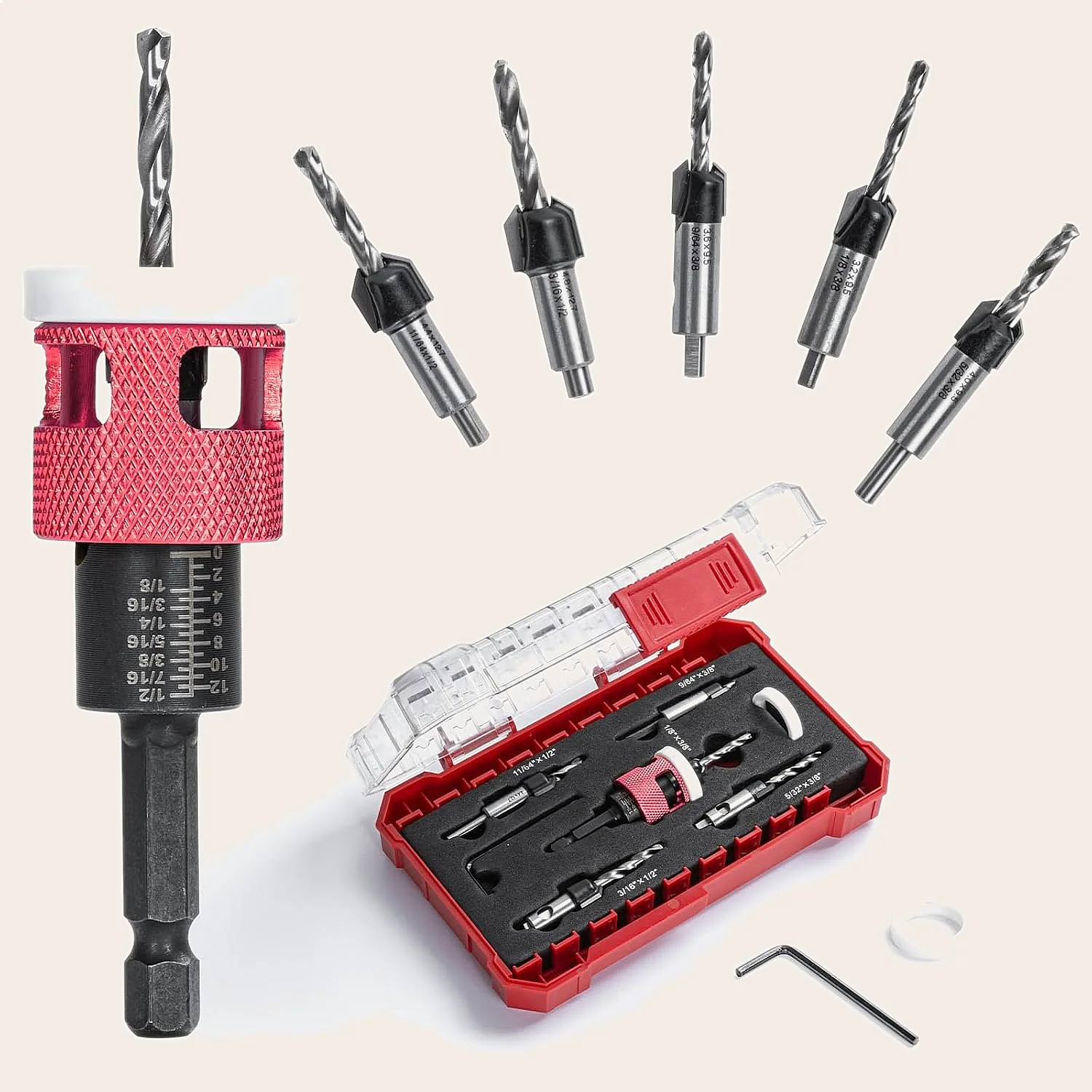 5Pcs Countersink Drill Bit Set HSS M2 Tapered with Depth Stop Quick Change for Accurate Woodworking