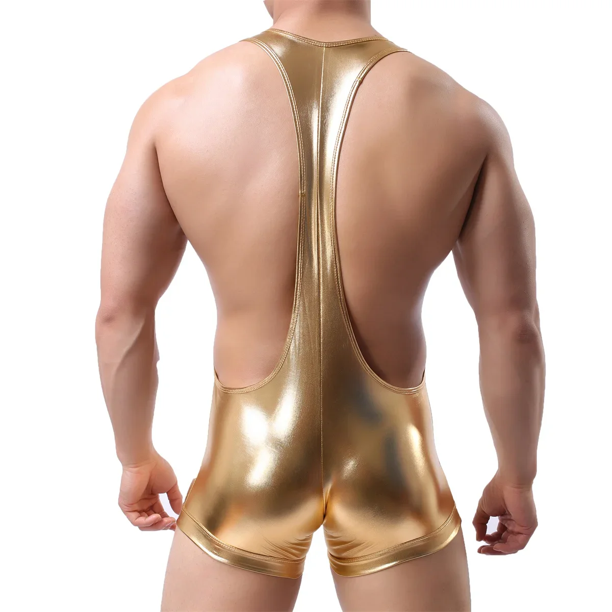 Sexy Men Undershirts Gold Faux Leather PU Wrestling Singlet Boxer Short Jumpsuit Suspender Teddies Underwear One-Piece Bodysuits