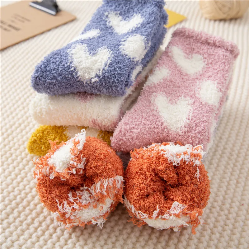 Winter Warm Kawaii Love Heart Fluffy Coral Fleece Socks for Women Soft Coral Velvet Sock Indoor Floor Casual Slippers Sox