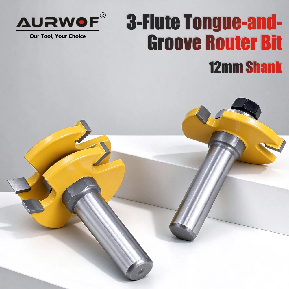 AURWOF 12mm & 12.7mm Shank 3-Flute T-Slot Tongue Groove Router Bit Set, 47mm Bearing Guided Adjustable Milling Cutter MC03033